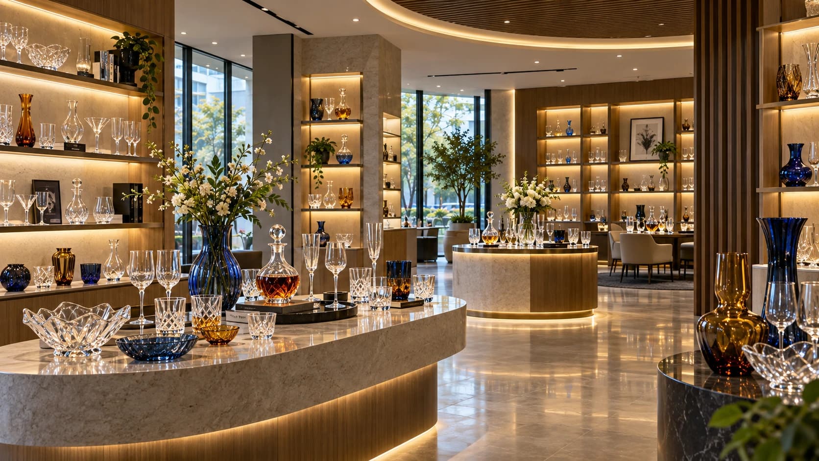 Glassware collections arranged on warm, illuminated showroom shelves