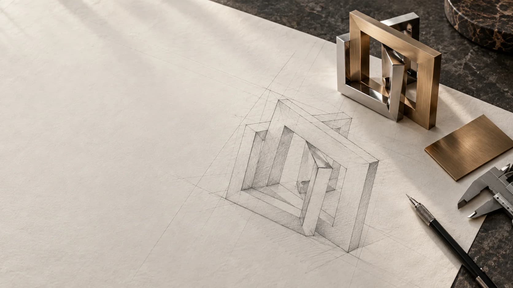 Illustrative design study with an architectural sketch, a small metal model and material references